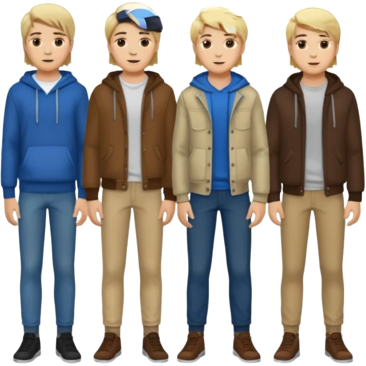 Cartagineses: un grupo de hombres jóvenes, pelo largo rubio y castaño, ropa buena, cara de niños de alrededor de unos 20/25 años.
cuerpo entero emoji