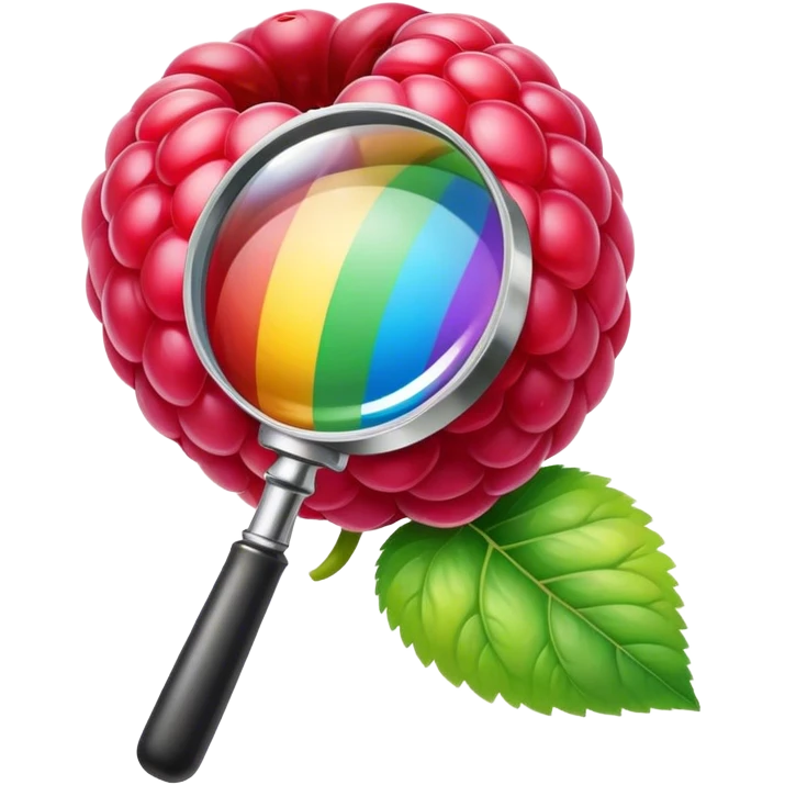 a raspberry holds an rainbow colored magnifier emoji