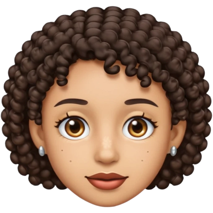 an emoji with a mixed skin color, short dark brown curly hair with 2 silver stud earrings on both ears and 2 slits on each eyebrow emoji