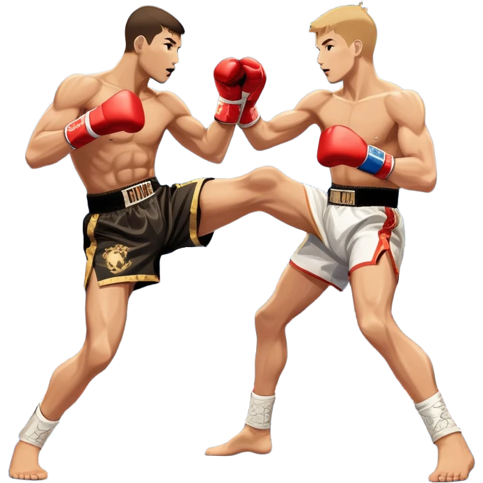 An icon showcasing a high-energy kickboxing match. Two fighters in action, one delivering a powerful roundhouse kick while the other defends with gloves raised. The background features a professional ring with bright lights and a cheering crowd. Transparent background. emoji