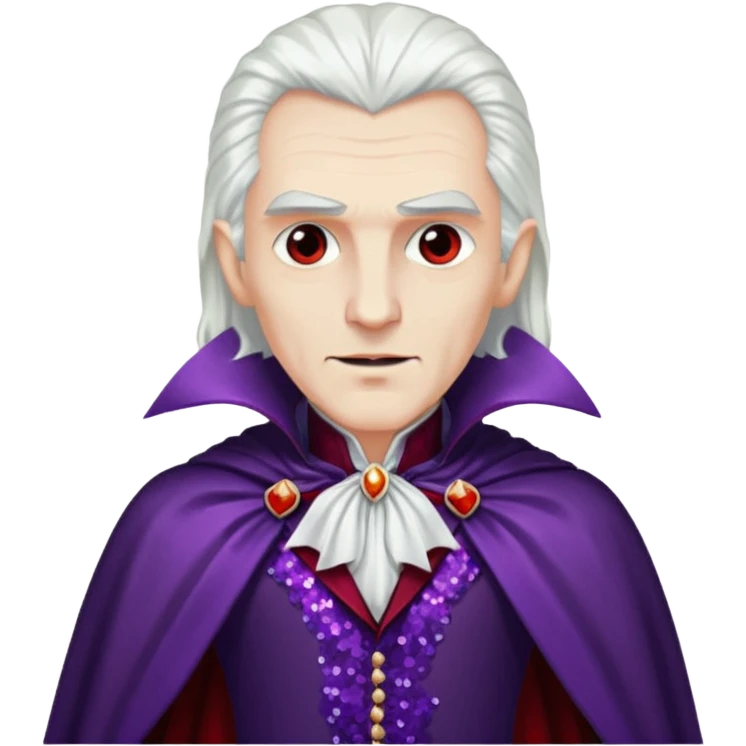 Dracula with long white hair, dark purple sequin suit, dark red sequin cape emoji
