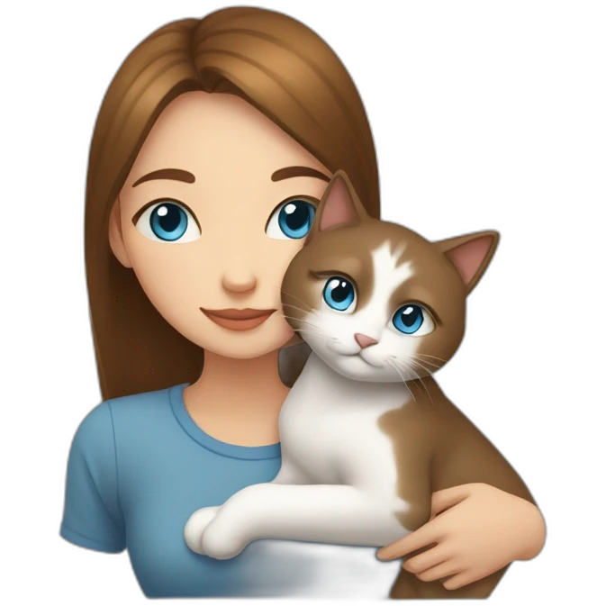 light gray, blue eyed cat cuddles brown highlighted colored girl emoji
