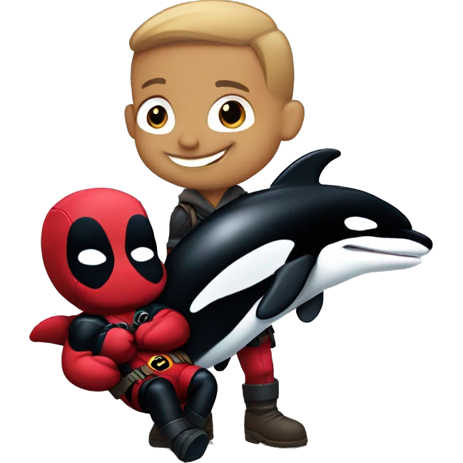Deadpool holding a baby orca emoji