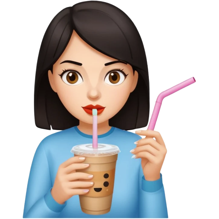 컴퓨터하면서 아이스 아메리카노(테이크아웃 잔에 담긴)를 많이 마시고 있는 다크서클 검은머리 여자 emoji