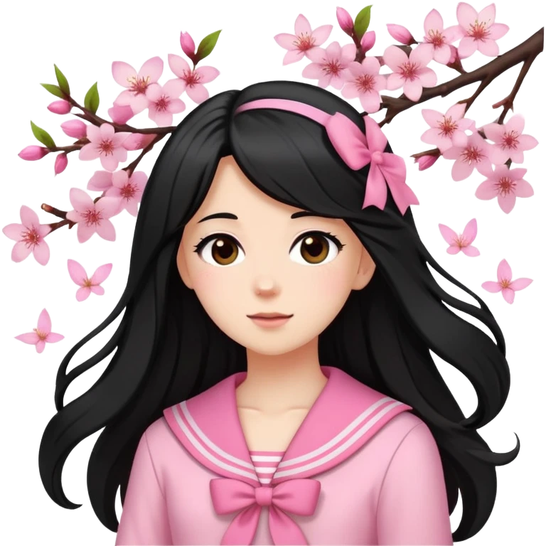  A white girl with a Black long hair, and a Pink sailor suit, enjoying the spring breeze，Wearing cherry blossoms on your hair emoji