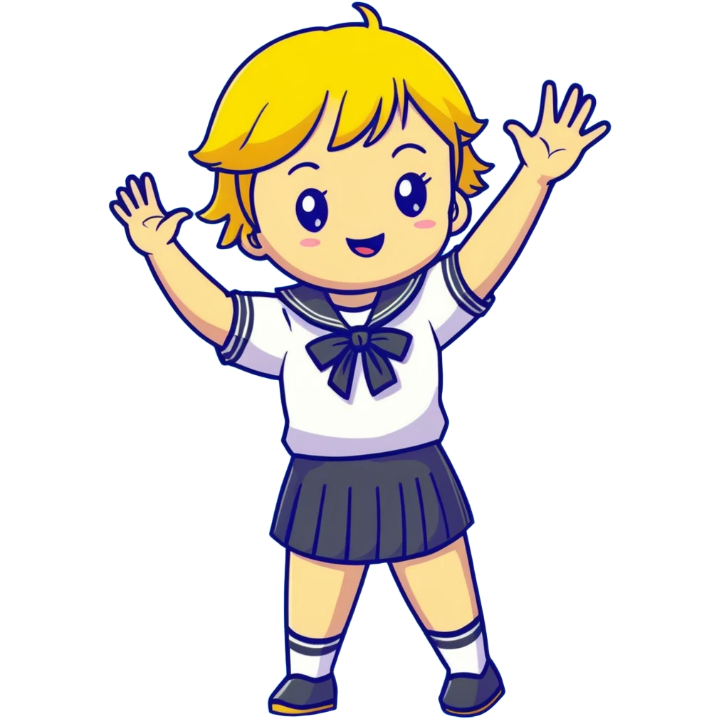 Anime girl with short bright yellow hair wearing Japanese sailor style school uniform, composed posture with hand on hip but energetically waving with other hand, excited smile and happy eyes emoji