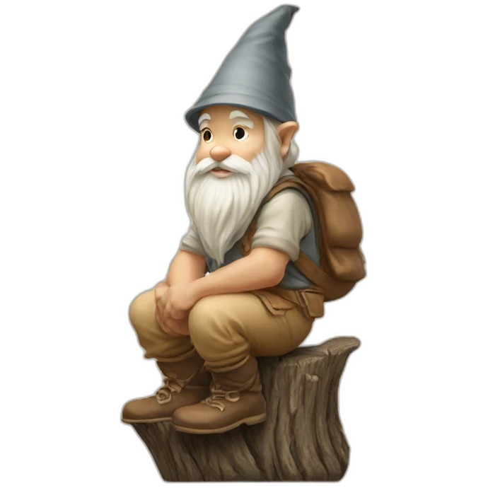side view of gnome with light tan pants squatting on top of tiny brown log emoji