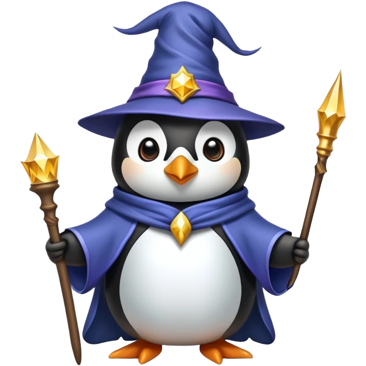 penguin dressed as a wizard with a magical wand and pointy hat emoji