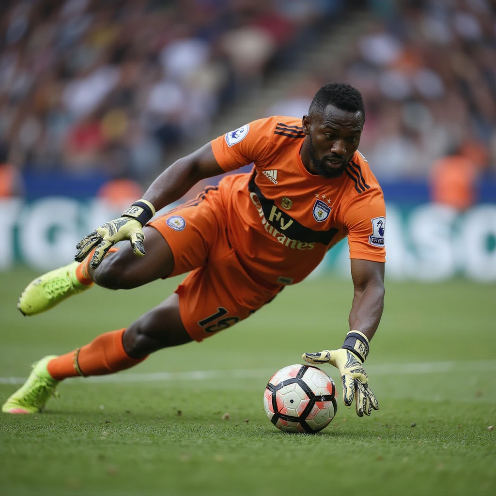 realistic style action pose of André Onana, football goalkeeper, diving to save a ball, wearing a goalkeeper kit, short hair, dark skin, stadium background emoji
