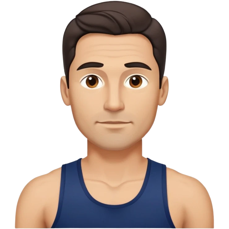 Youthful-looking athletic 40-year-old man with light brown skin, elongated face, defined jawline, attractive features, medium dark eyes, arched eyebrows, straight nose, confident expression, medium wavy dark hair with modern style, wearing a navy blue tank top emoji