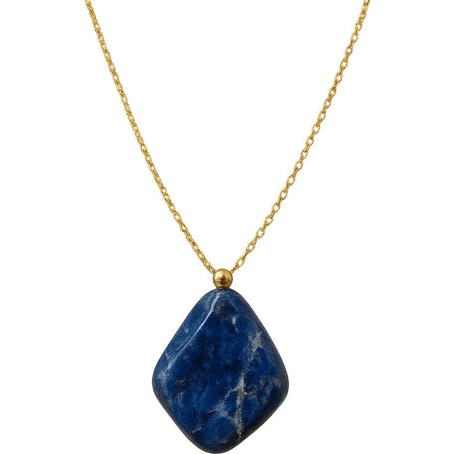 delicate gold chain necklace with an irregular polished deep blue stone, natural white and gray marbled patterns, asymmetrical shape, small metallic bead, raw yet refined earthy elegance emoji
