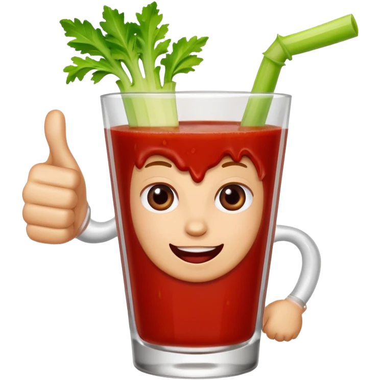 A glass of Bloody Mary with a cartoon hand giving a thumbs up emoji