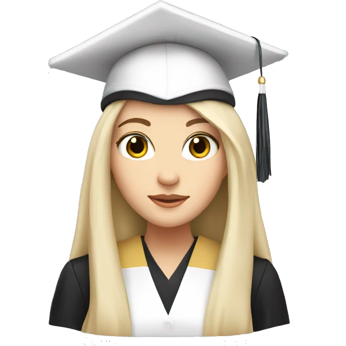 A white girl with black long hair wearing a graduation uniform with a hat on her head  emoji
