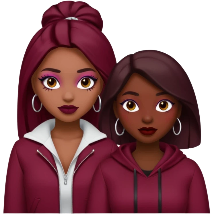 Boujy baddie best friends, trendy heavy makeup, burgundy clothes emoji