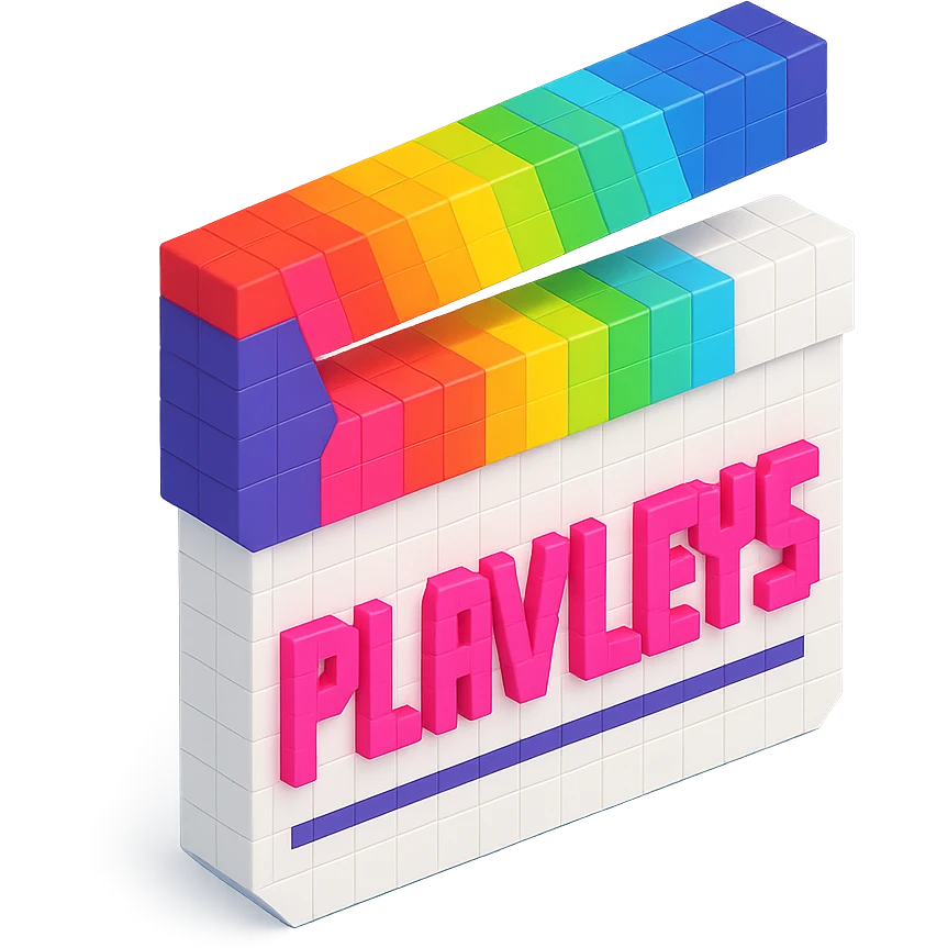 voxel style movie clapperboard, white body, rainbow striped lid, pink text 'PLAVLEYS', isometric view emoji