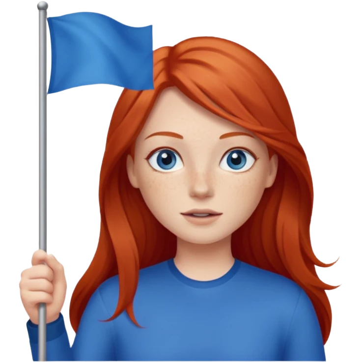 red head blue eyes freckles straight long hair waving red flag emoji