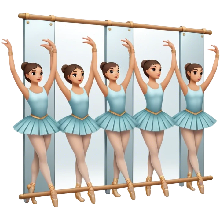 Icon for Choreography: a group of dancers in identical poses, standing by a wall with all wall long mirror, holding a long barre with one hand. The icon should capture the discipline and synchronized movement of dance training. Transparent background. emoji