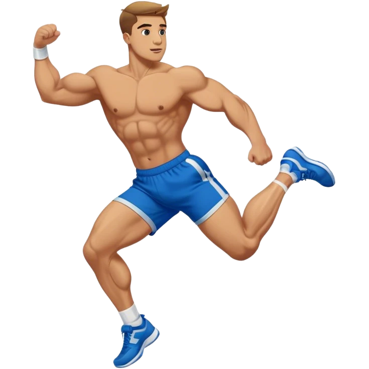 buff guy blue shorts double-leg-jump gym side-view emoji