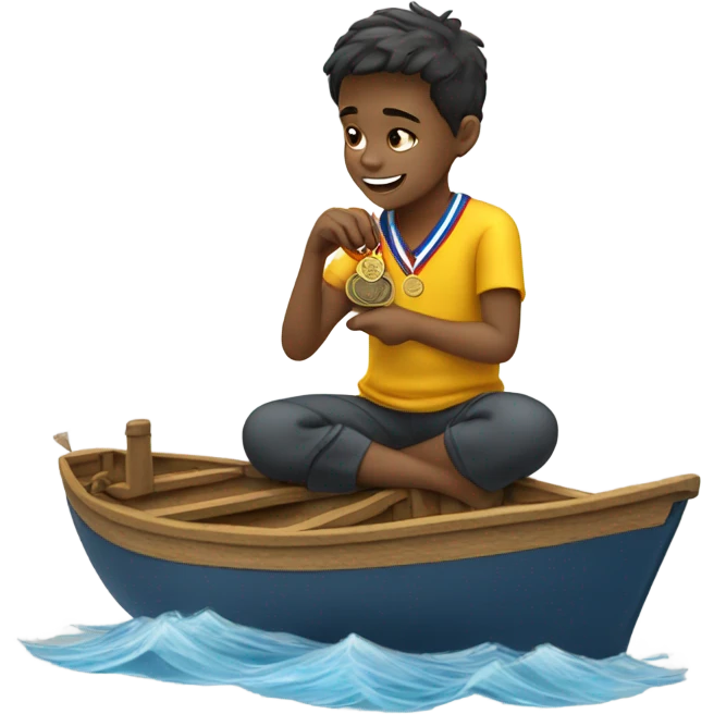 boy puts medal on his sailing boat emoji