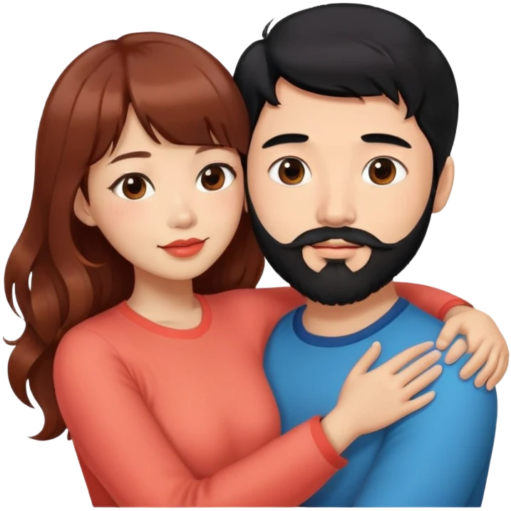 handsome asian man with black hair and beard, hugging cute woman with light tan skin and long wavy reddish brown hair with bangs and coral lipstick emoji