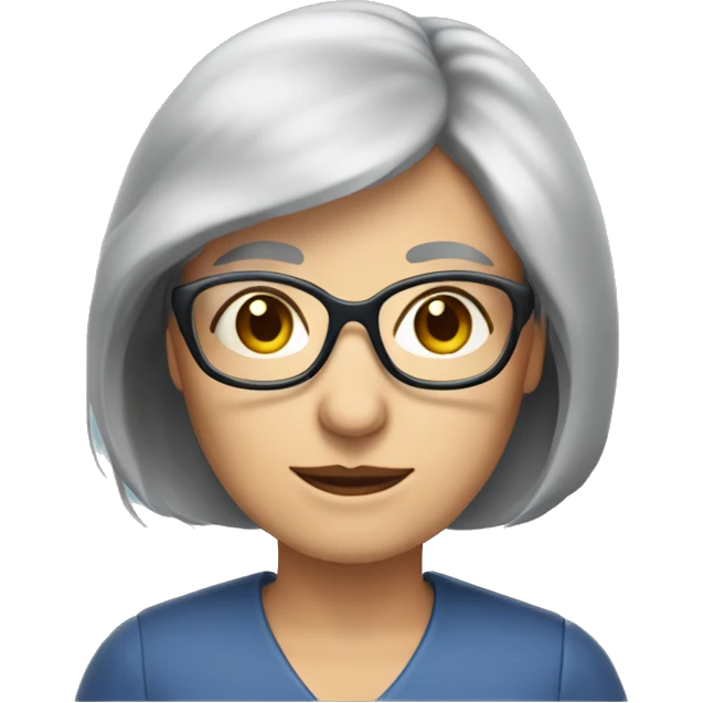 Grey long bob haired lady aged 55 76 kg brown eyes blue square glasses emoji