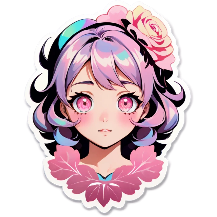 Gorgeous pastel shiny pearly colorful anime style lady with blushing face and roses leaves shiny aesthetic trending style emoji