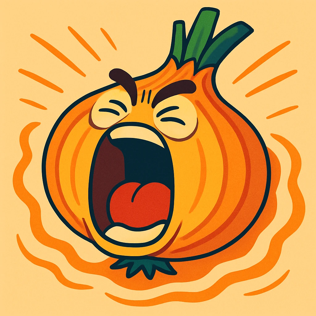 humorous image of an onion with a face, screaming at the top of its lungs, layers ripple outward as it yells, colorful and playful emoji