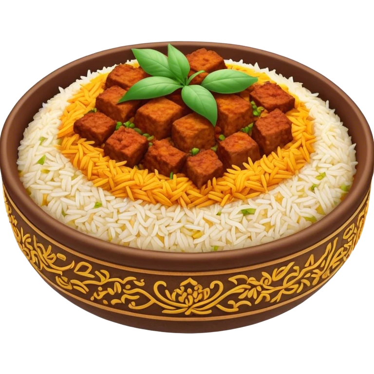 Cinematic Realistic Biryani Dish Emoji, depicted as aromatic basmati rice layered with spiced meat and herbs rendered with vibrant textures and warm, inviting lighting. emoji