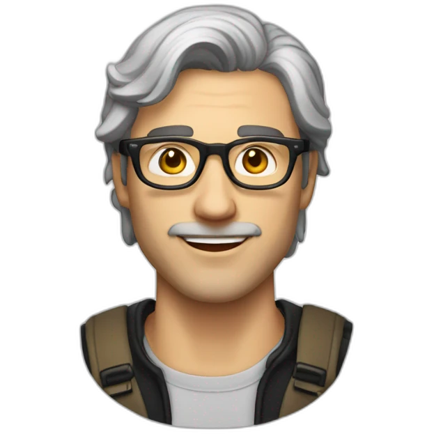 a white man with a light stubble and long black silverish hair and golden rimmed round glasses emoji