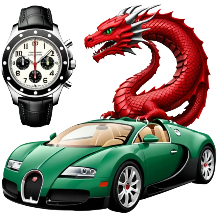 green audemars piguet watch (without text), black bugatti, and a dragon  emoji