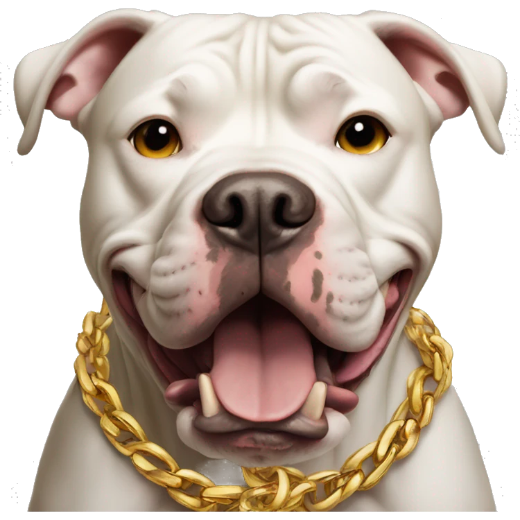 A dog pitbull with a aggressive face and wearing big gold chain on that says G emoji