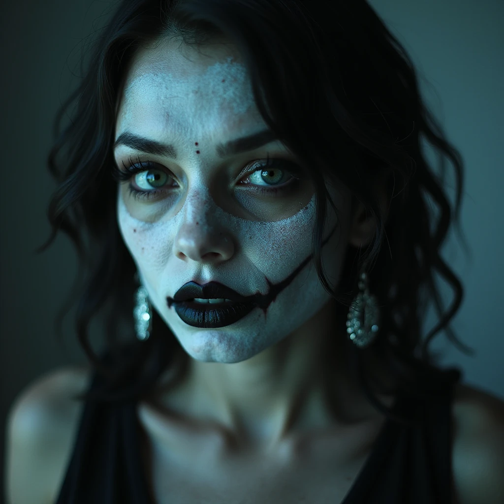 realistic horror portrait of a beautiful woman with ghostly glow, sharp features, dark lipstick, gothic earrings, supernatural horror emoji