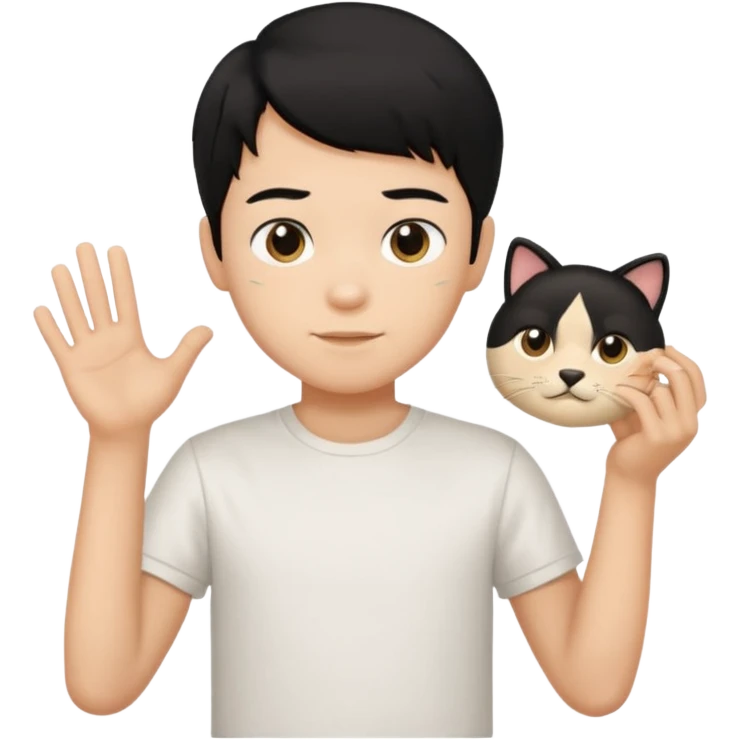 generate a pretty bratz emoji of a boy with black hair wearing a white tshirt and holding a cTCAT emoji