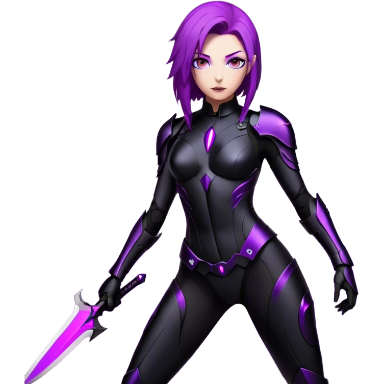 A sleek warrior woman with flowing purple hair, her sharp violet eyes glowing with quiet intensity. She wears a form-fitting black armored suit with smooth, seamless plating, a fusion of high-tech design and elegant minimalism. The matte black surface subtly reflects the dim ambient light, highlighting the streamlined contours of her suit. A slim, obsidian blade rests at her side, its edge barely visible in the soft glow of floating digital glyphs around her. Her expression is poised—calm, calculated, and unwavering, standing against a gradient-lit backdrop, where darkness meets the faintest hint of neon luminescence. emoji