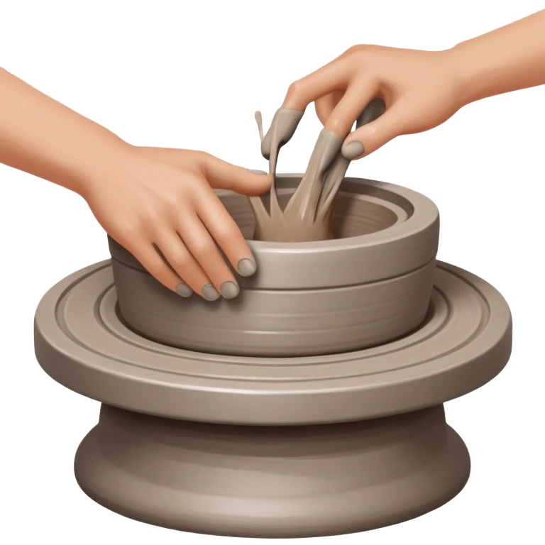 hands pressing clay sidewalls down onto a silver pottery wheel with fingers and thumbs to attach it emoji