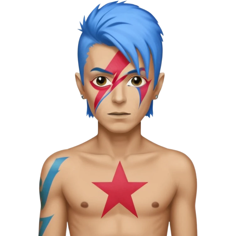 A male rockstar wearing Ebay brand colours and David Bowie face paint - showing more of his torso and blue hair emoji