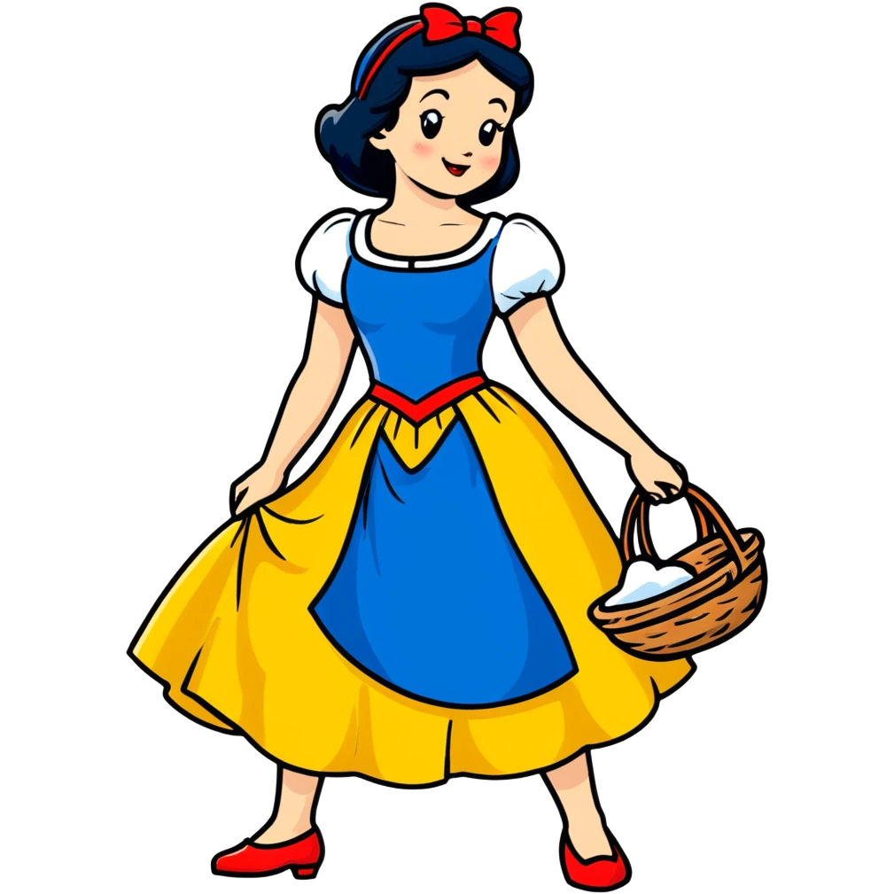 Snow White standing gracefully in a lush forest, surrounded by the Seven Dwarfs emoji