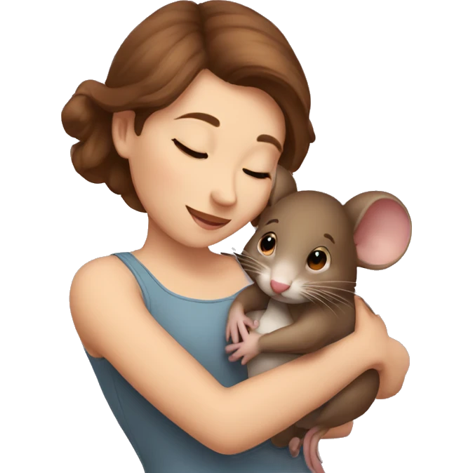 Woman brown hair hugging a little mouse emoji