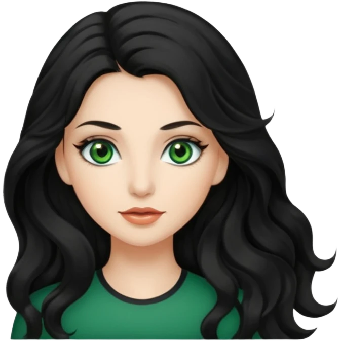 Caucasian girl with long, wavy black hair, green eyes, and pretty makeup. emoji