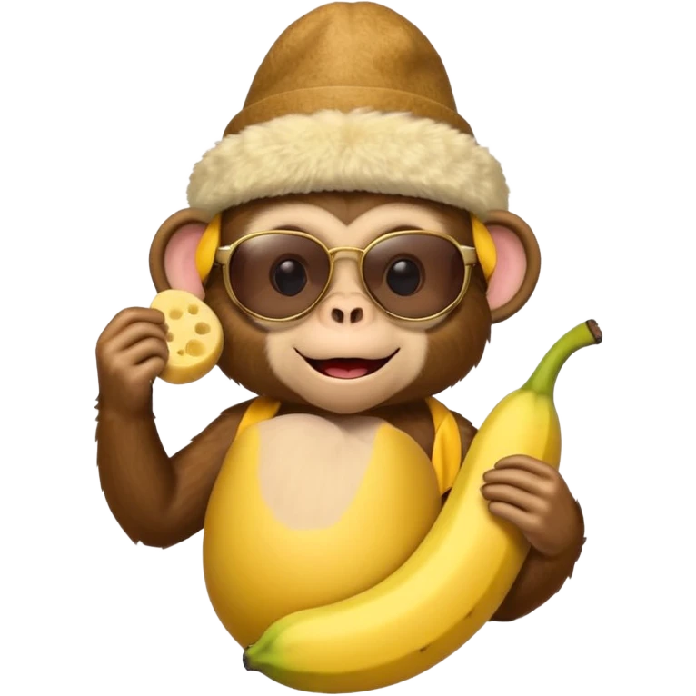 A monkey with sunglasses and a banana with a hat made out of cheese emoji