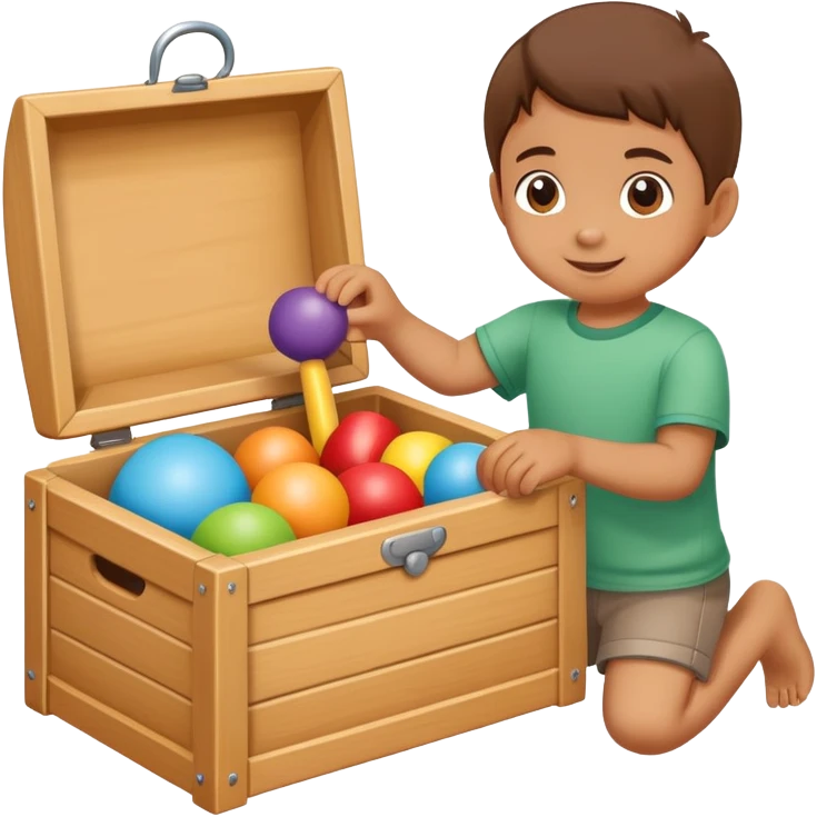 child putting toys back into a toy box, cheerful and responsible emoji