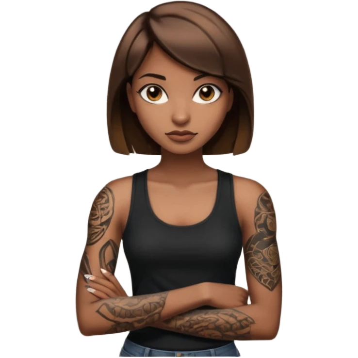 Femme brune yeux marron avec une coupe carré noir qui descend sur l'épaule , femme couleur de peau typé, avec un cobra a côté , débardeur noir , avec un tatouage sur le bras droit emoji