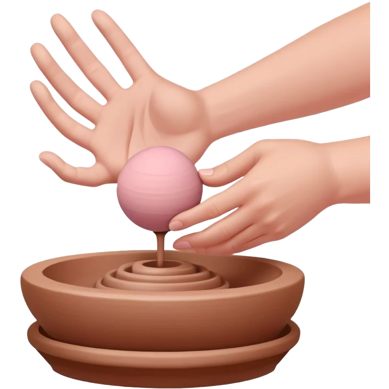 one hand centering a pink ball of clay on an empty pottery wheel, pressing down with palm to center it emoji