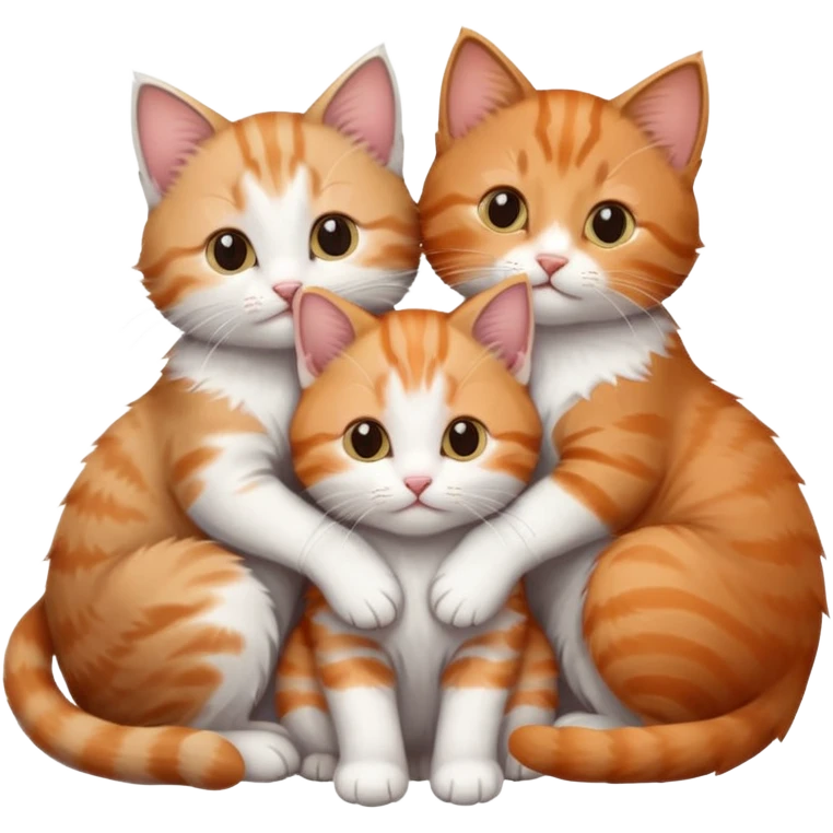3 kittens cuddling together all different colours, the first one is grey and white, the second is ginger and white and the third is brown tabby and white emoji
