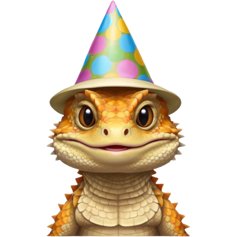 Grumpy bearded dragon with a birthday hat emoji