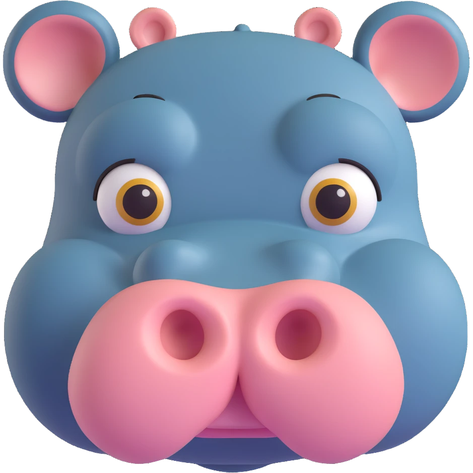 3D emoji style hippo face, front view, round snout, expressive eyes, simple and cute emoji
