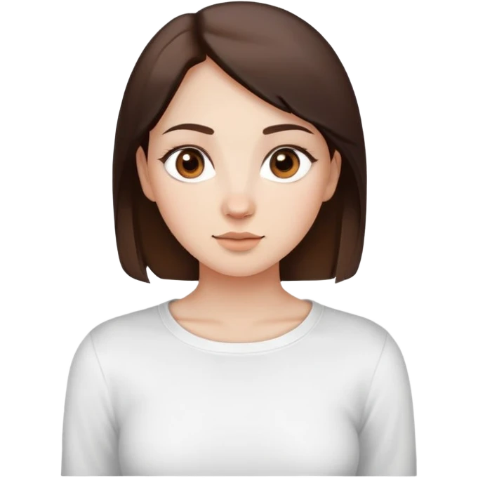 A woman with a round face, pale, light skin, big round nose, cute doe eyes, a white long sleeve shirt with a square shape cut in the t shirt near the neck area, and dark brown hair and brown eyes emoji
