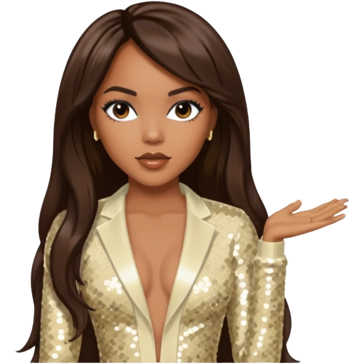 LeToya Luckett from Destiny's Child with long dark brown hair, cream sequin outfit emoji