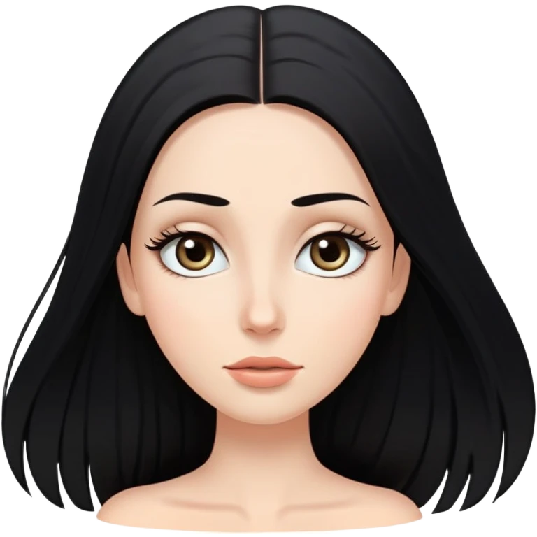 White girl with long oval shaped face, large almond shaped eyes with long eyelashes, long straight black hair falling in front of her bare shoulders, face closeup emoji