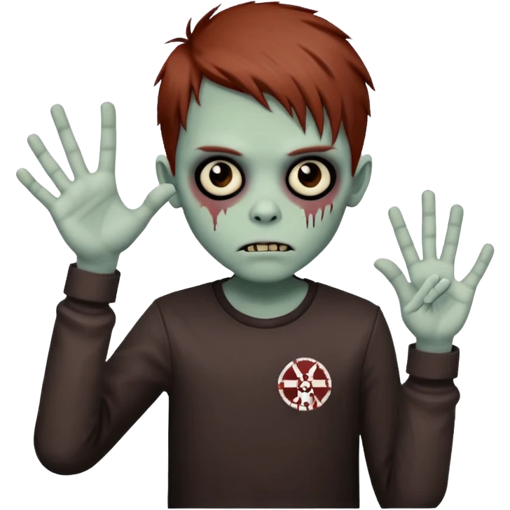 Emo-style zombie boy with reddish-brown hair making the west side sign with his hand  emoji